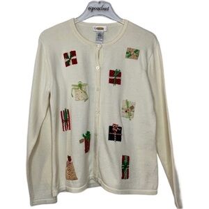 Vintage Talbots Christmas Embellished Cream Cardigan Sweater & NWT Silk Scarf